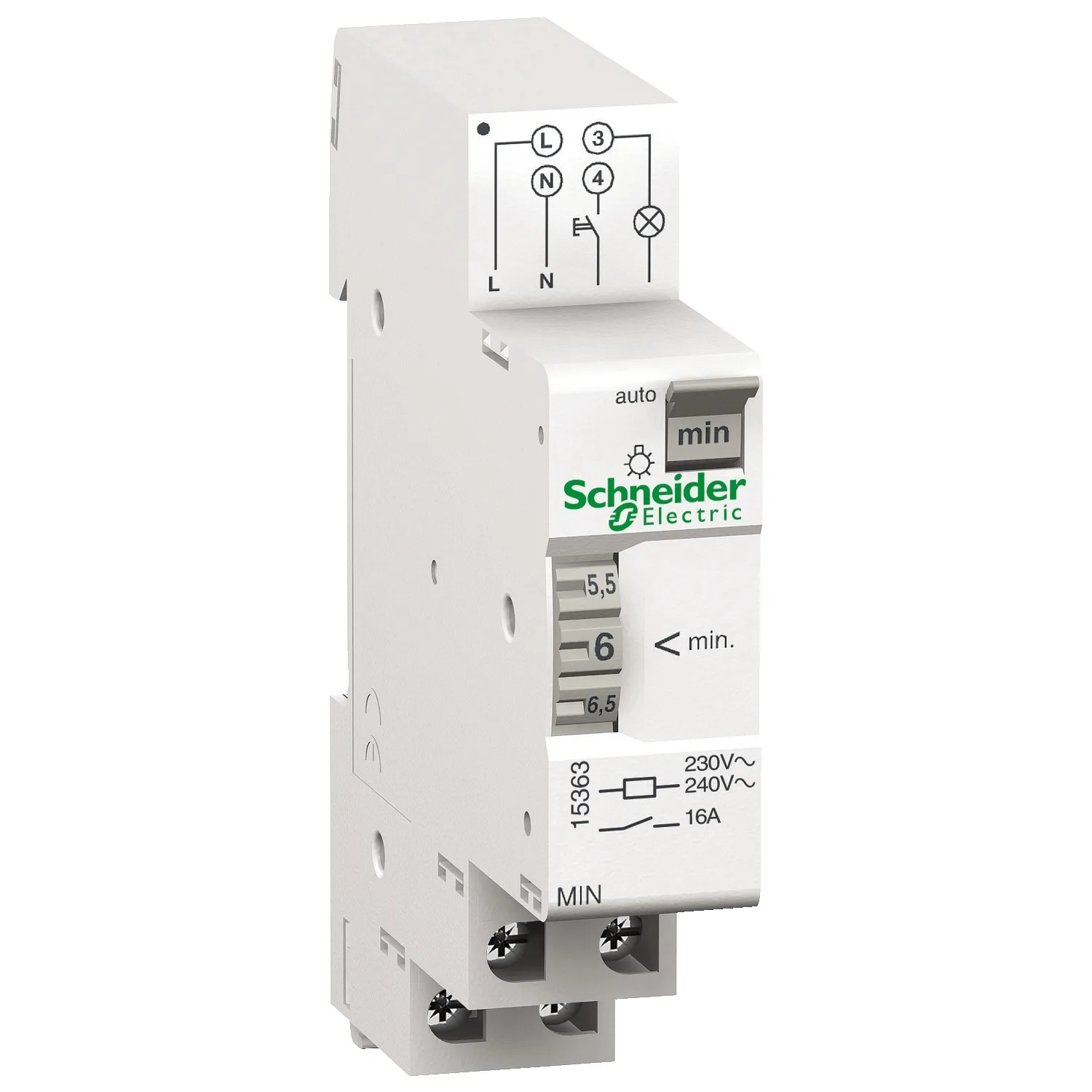Schneider 15363 - MIN elektromekanik merdiven otomatiği, 1-7dak ayarlı, 16A kontak çıkışı
