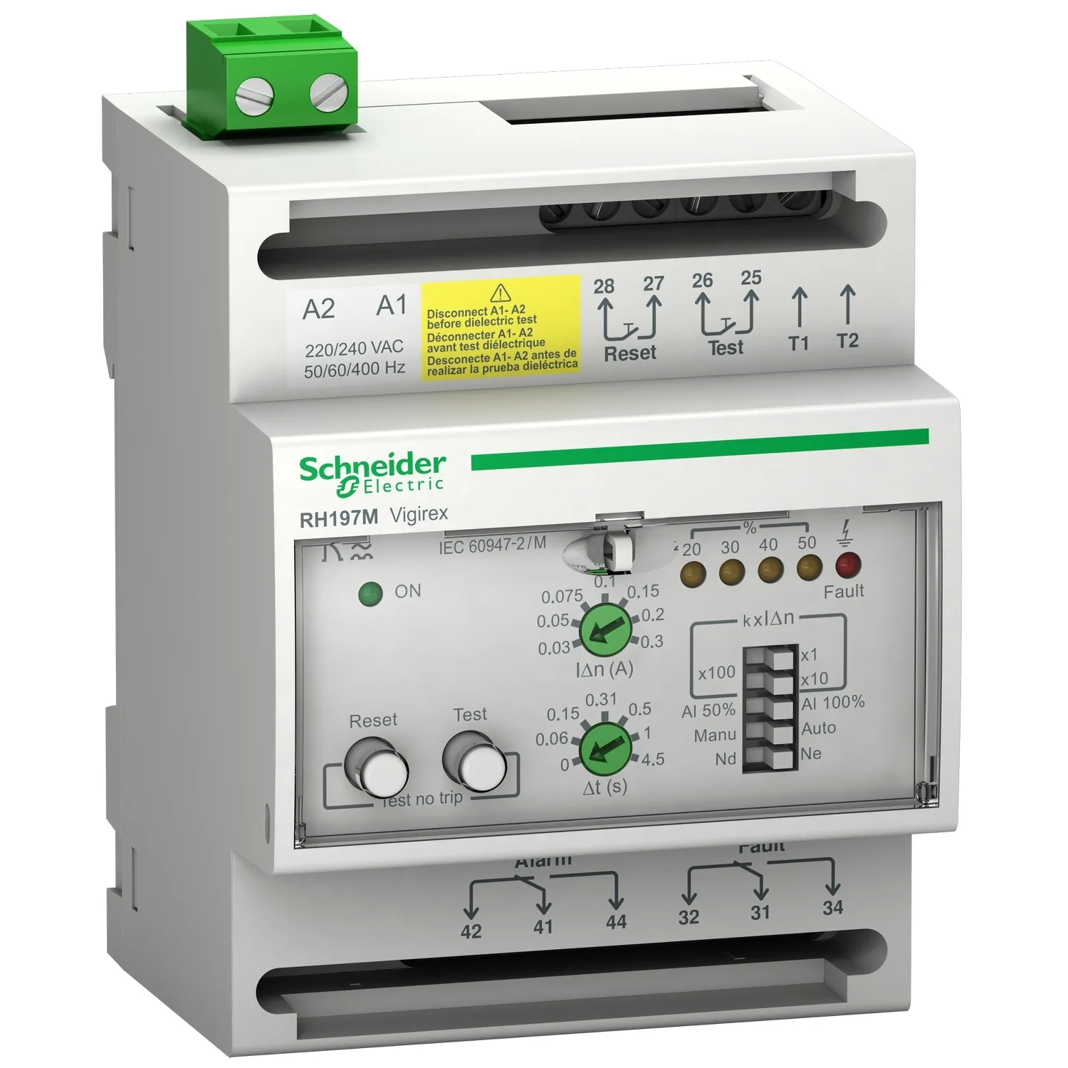Schneider 56517 - RH197M 220/240V AC 50/60/400 Hz 30mA-30A instantaneous 0 to 4.5 s time delay