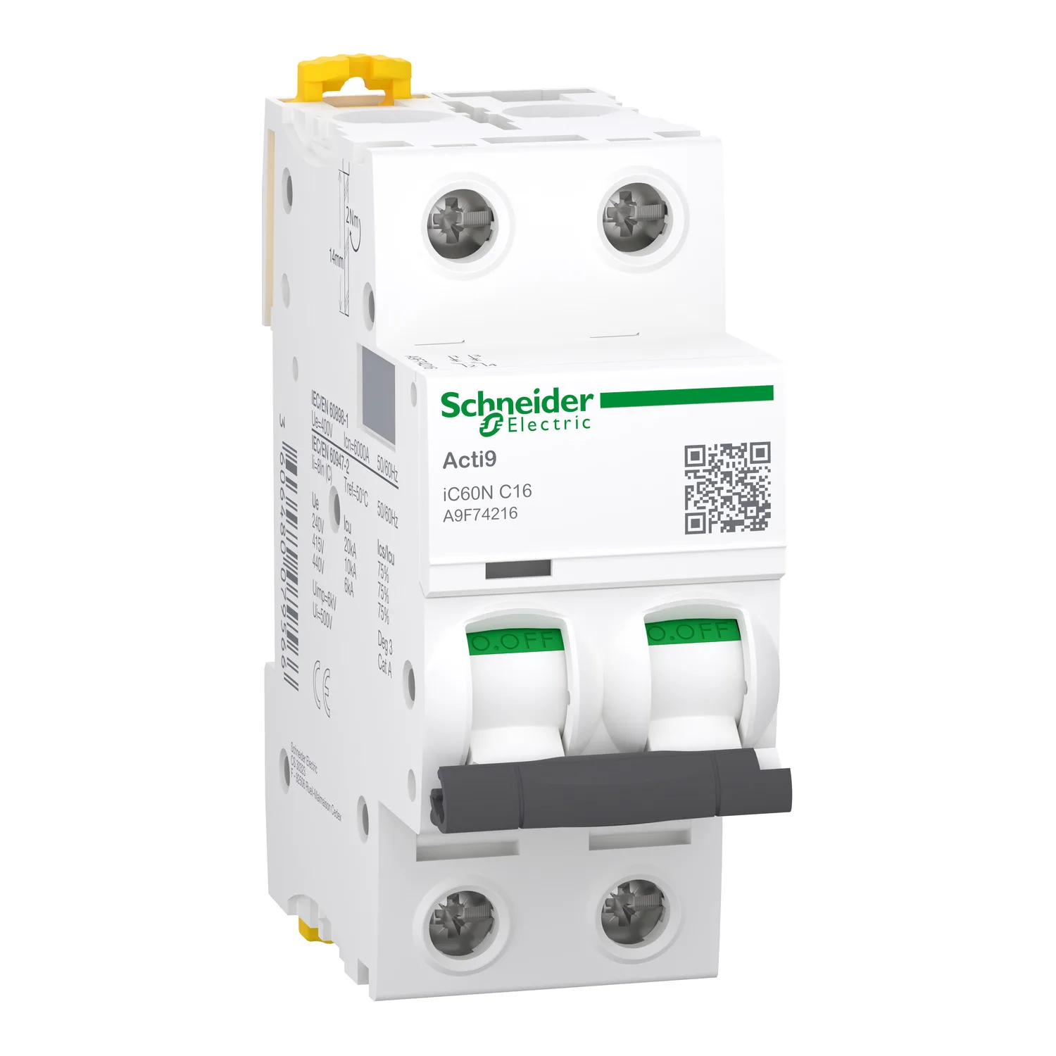 Schneider A9F74216 - Minyatür devre kesici, Acti9 iC60N, 2P, 16 A, C eğrisi, 6000 A (IEC 60898-1), 10 kA (IEC 60947-2)