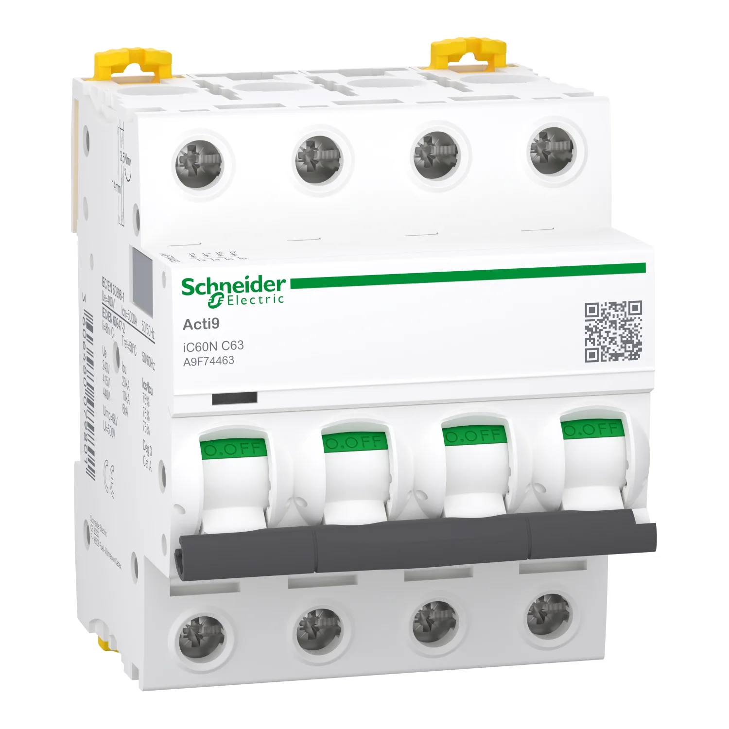 Schneider A9F74463 - Minyatür devre kesici (MCB), Acti9 iC60N, 4P, 63A, C eğrisi, 6000A (IEC/EN 60898-1), 10kA (IEC/EN 60947-2)