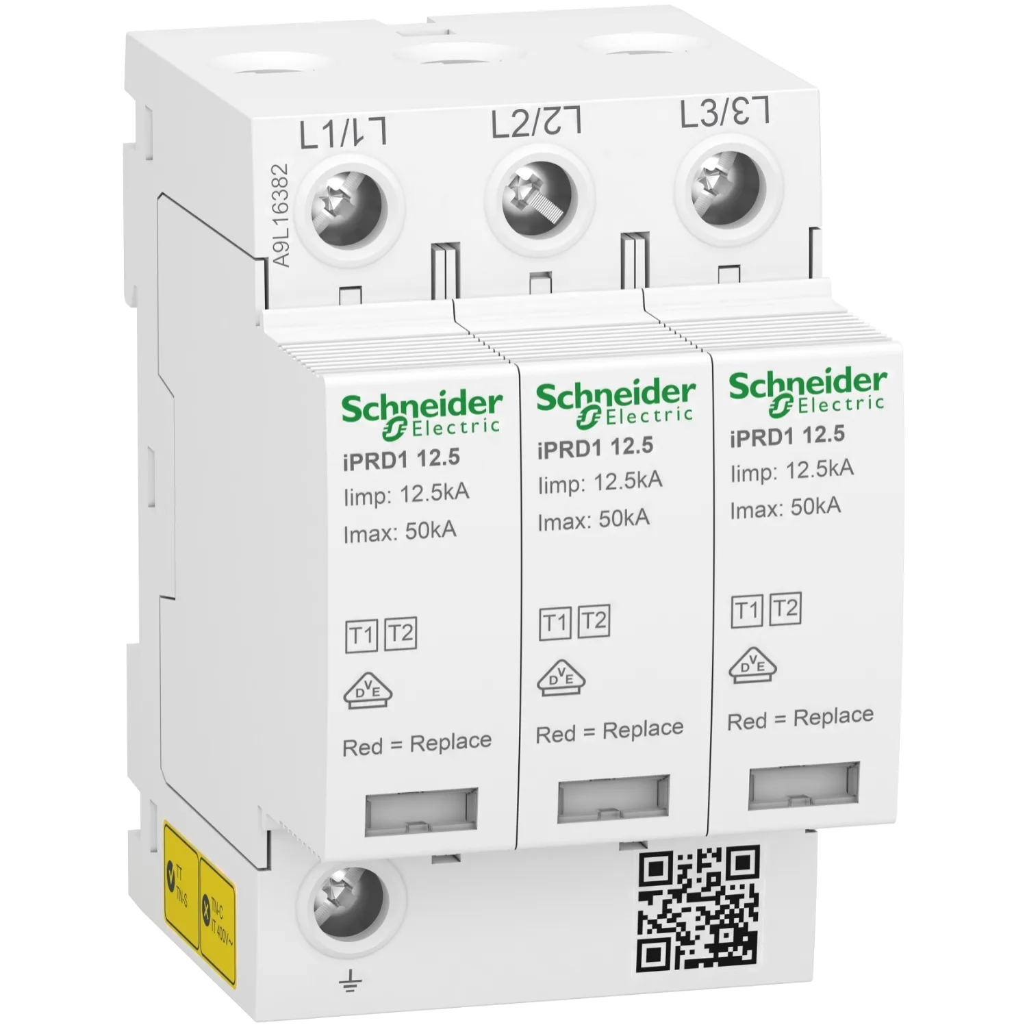 Schneider A9L16382 - Acti9 - Parafoudre iPRD1 12,5r - 3P - Débro T1 - 350V - Report signal - TT/TN