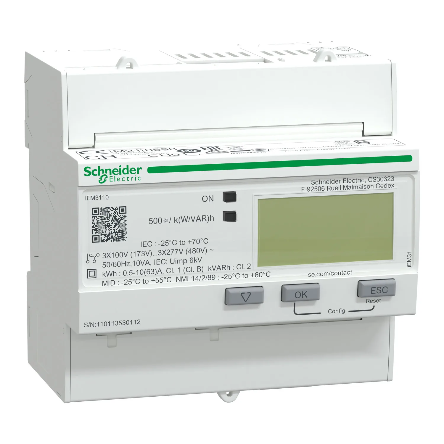Schneider A9MEM3110 - Energiezähler iEM3110, 3-phasig, 63A, mit Teilzähler, S0-Impuls, MID konform, Genauigkeitsklasse 1