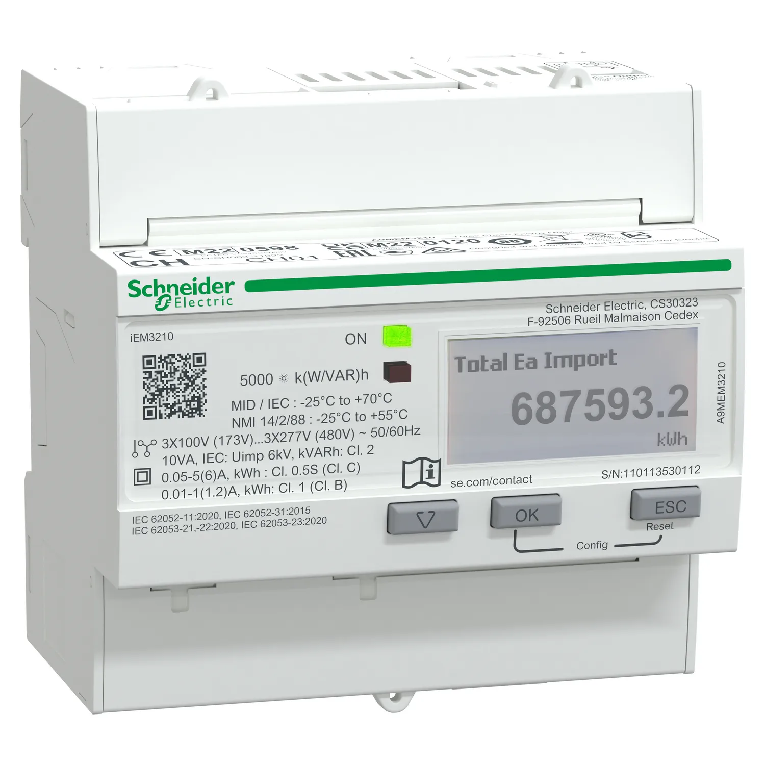 Energiezähler iEM3210, 3-phasig, 1A/5A, mit Teilzähler, S0-Impuls, MID konform, Genauigkeitsklasse 1/0,5s - 2