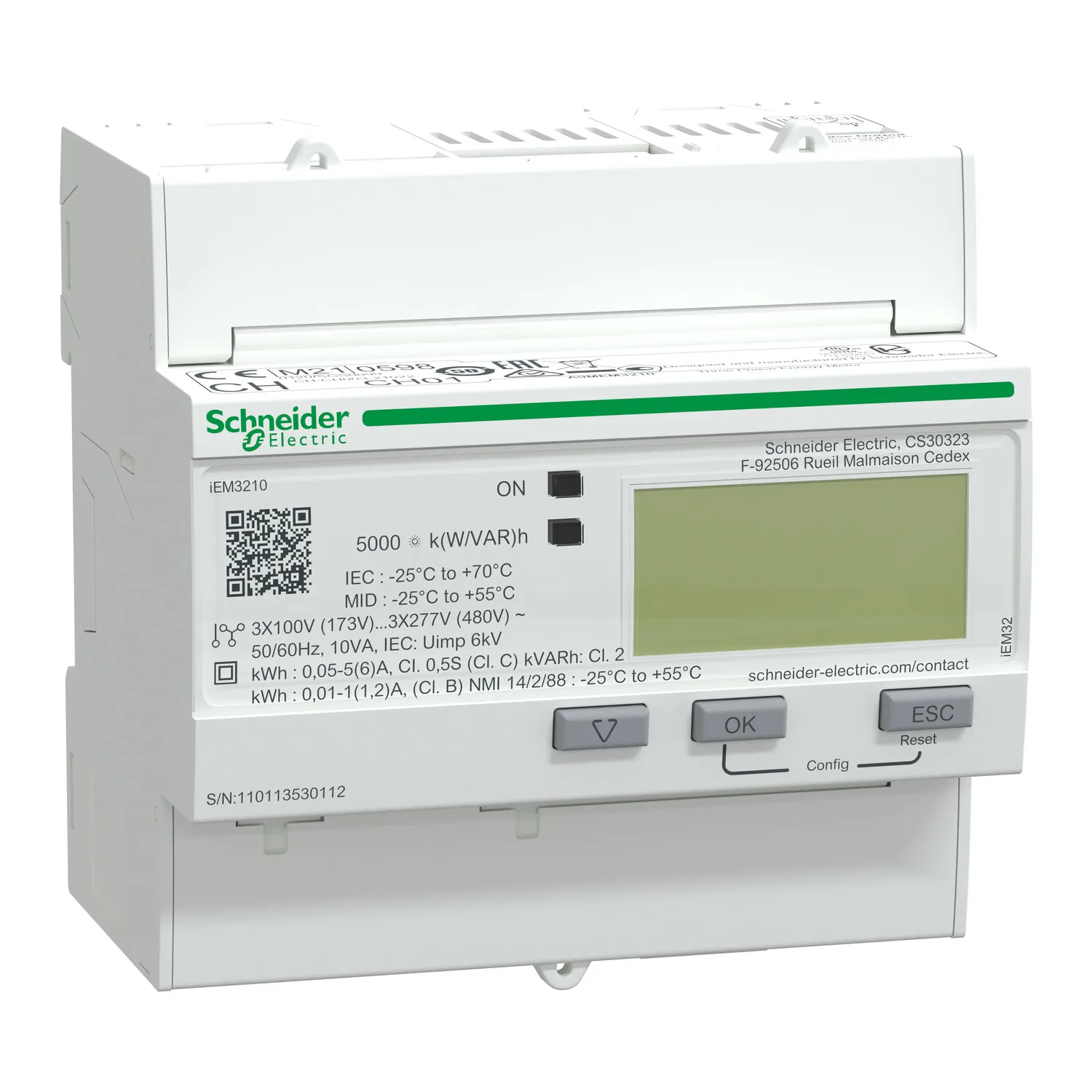 Schneider A9MEM3210 - Energiezähler iEM3210, 3-phasig, 1A/5A, mit Teilzähler, S0-Impuls, MID konform, Genauigkeitsklasse 1/0,5s