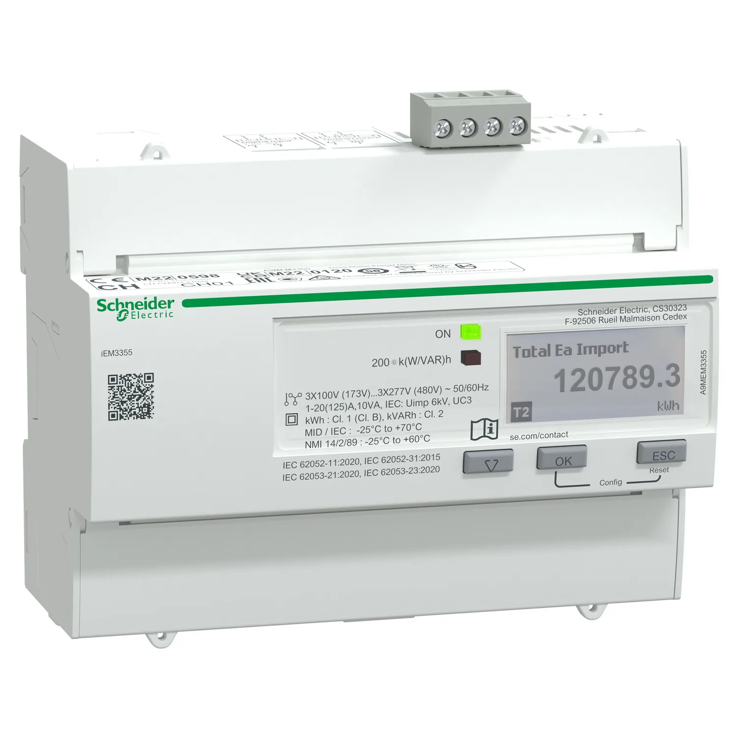 Energy meter iEM3355, 3-phase, 125A, advanced measurement function, Modbus, 1E/1A, MID compliant, accuracy class 1 - 2