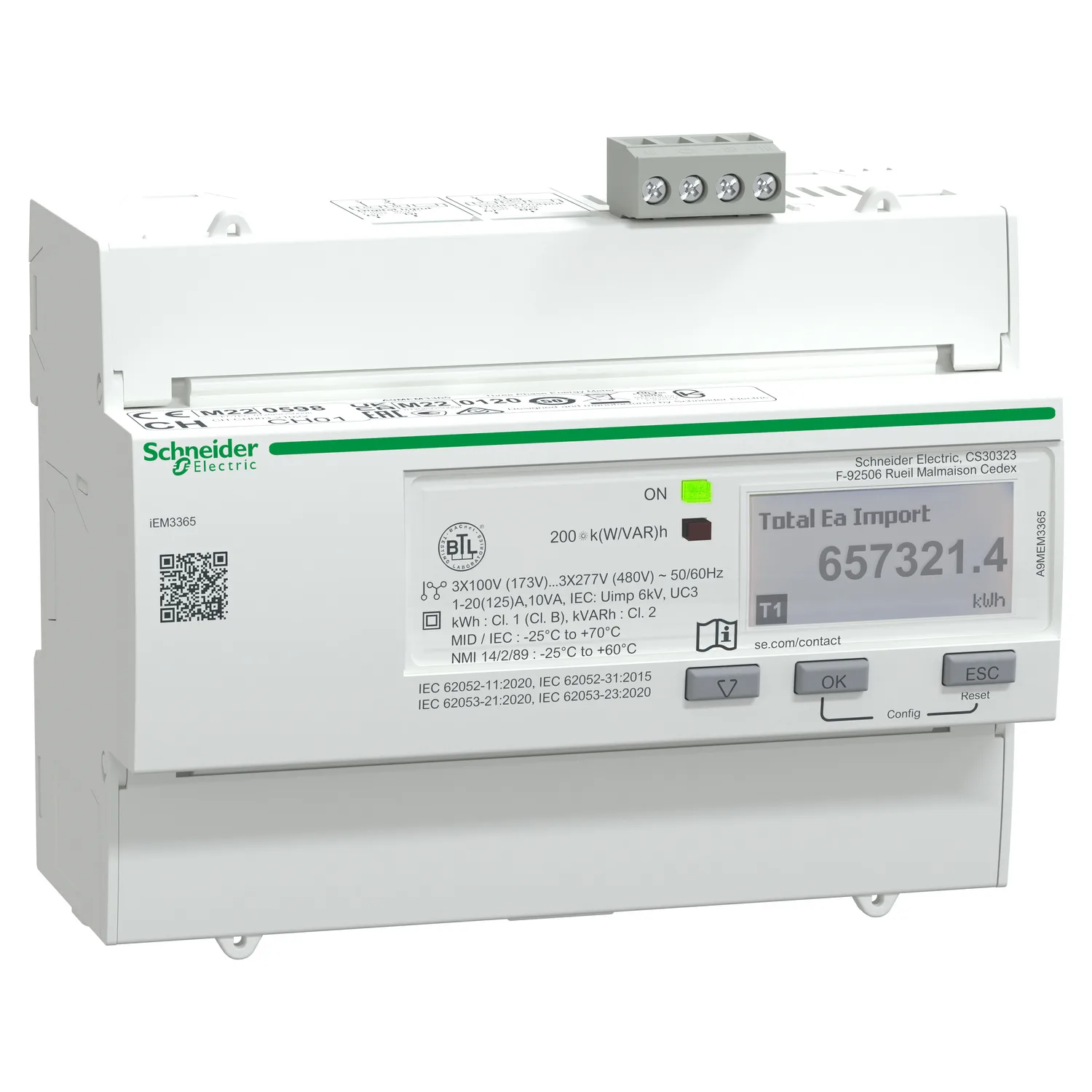 Enerji sayacı iEM3365, 3 fazlı, 125A, gelişmiş ölçüm fonksiyonu, BACnet, 1E/1A, MID uyumlu, doğruluk sınıfı 1 - 2