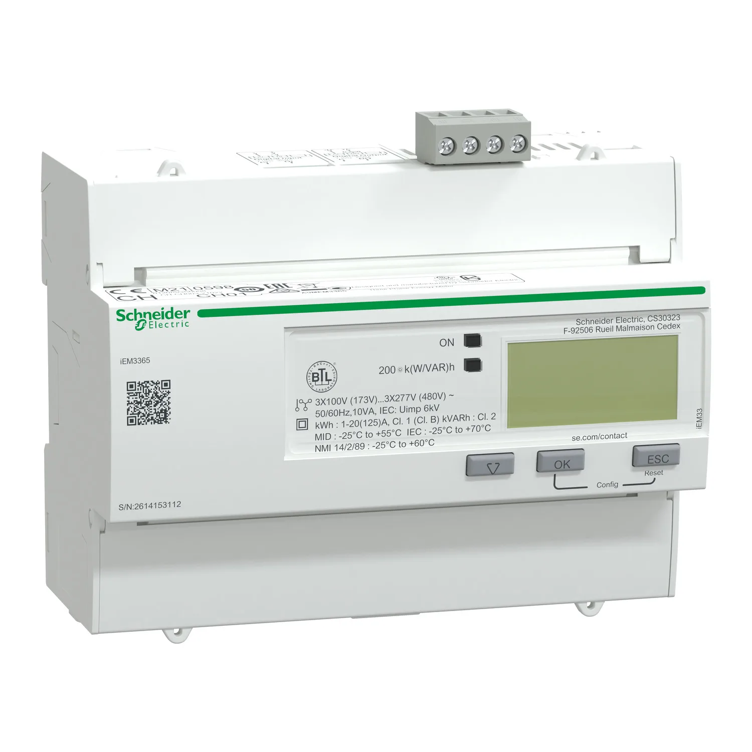 Schneider A9MEM3365 - Enerji sayacı iEM3365, 3 fazlı, 125A, gelişmiş ölçüm fonksiyonu, BACnet, 1E/1A, MID uyumlu, doğruluk sınıfı 1