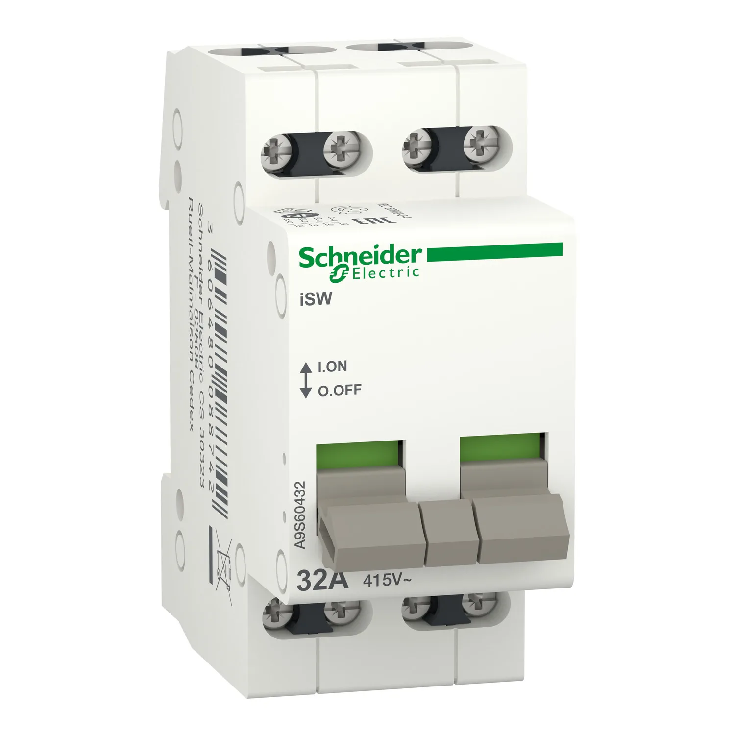 Schneider A9S60432 - Yük ayırıcısı; Kutup: 4; DIN rayına montaj için; 32A; 415VAC