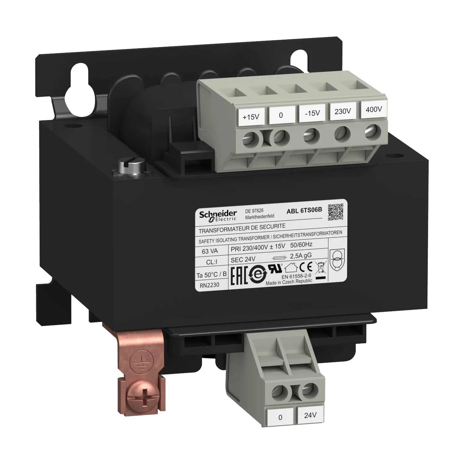 Schneider ABL6TS06B - Transformator: Netz; 63VA; 230VAC,400VAC; 24V; Ausg: Klemmleiste