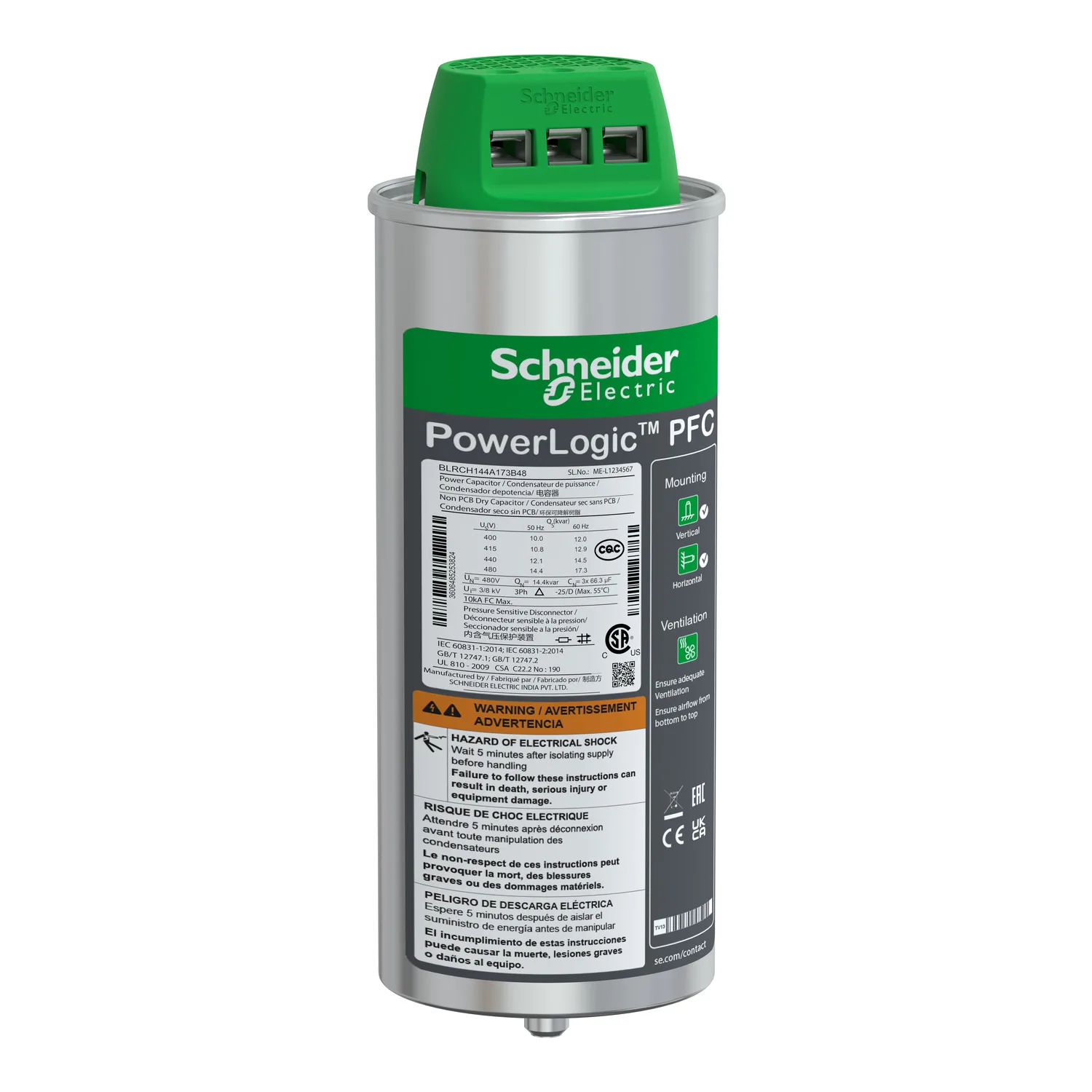 Schneider BLRCH144A173B48 - Hochleistungskondensator, PowerLogic PFC HD, 14,4/17,3kvar, 480V, 50/60Hz