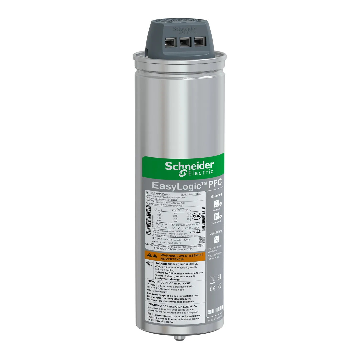 Schneider BLRCS250A300B40 - Standardkondensator, EasyLogic PFC SD, 25/30kvar, 400V, 50/60Hz