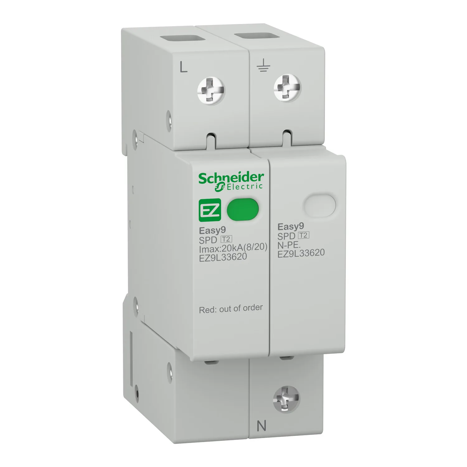 Schneider EZ9L33620 - Aşırı gerilim koruyucu; Tip 2; Kutuplar: 1+N; DIN ray montajı için; IP20