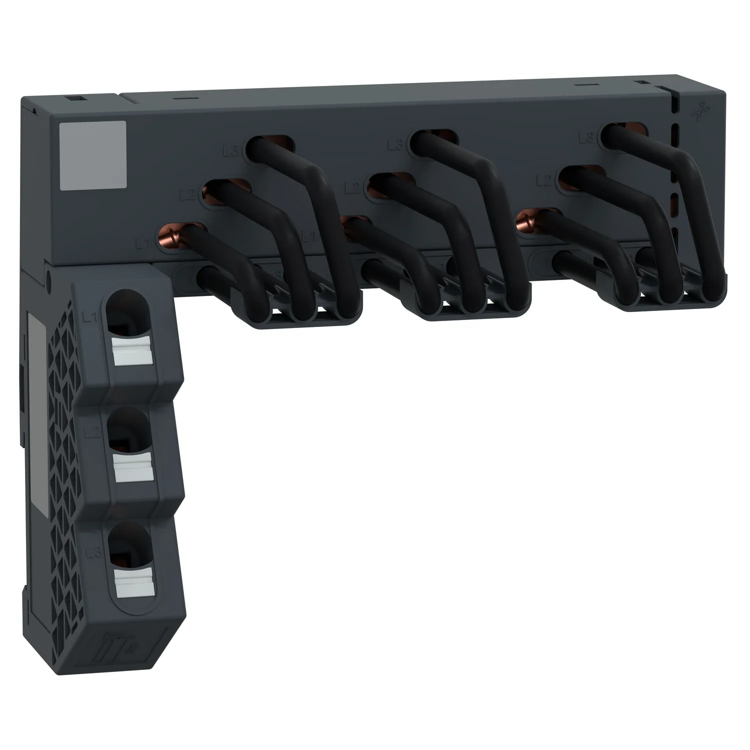 Schneider GV2G3LA - Drehstrom-Sammelschienensystem, 63A, 3 Abgangsstellen, Einspeisung Links, 45mm Abstand