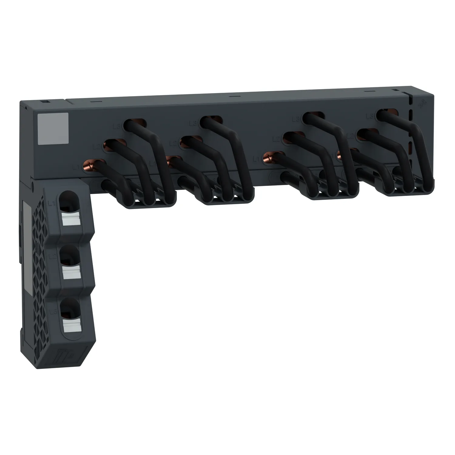 Schneider GV2G4LA - Drehstrom-Sammelschienensystem, 63A, 4 Abgangsstellen, Einspeisung Links, 45mm Abstand