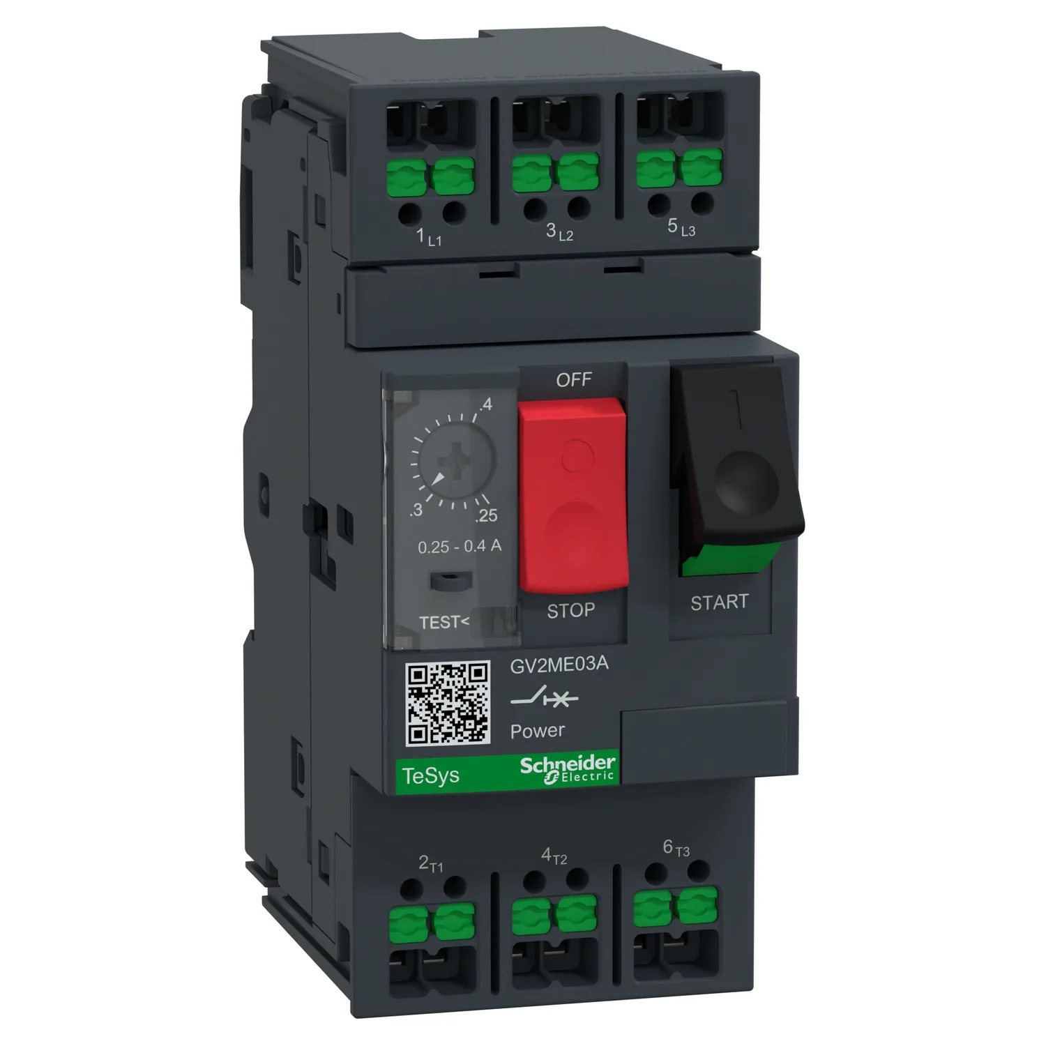 Schneider GV2ME03A - Motorschutzschalter, 3p, 0,25-0,4A, Tasterbetätigung, SnapIN Anschlussklemmen