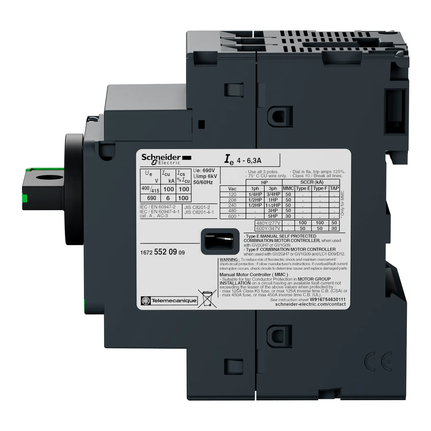GV2P10 - Motor koruma şalteri; 2.2kW; 230÷690VAC; DIN ray montajı için; IP20 - 2