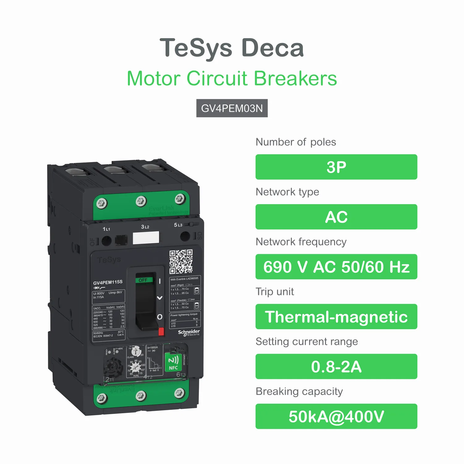 Schneider GV4PEM03N - Motorschutzschalter NFC Multi. TeSys GV4 - 3,5A 3P 50kA - EvLink - Kipphebel