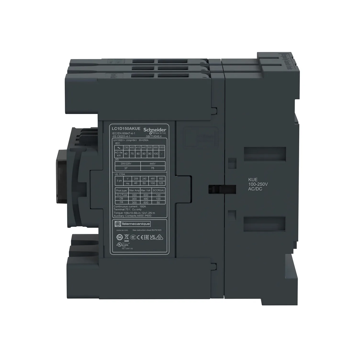 Leistungsschütz TeSys Deca LC1D 3p, +1S+1Ö, 75 kW, 150 A, 400 V AC3, Spule 100-250V AC/DC, mit EverLink Klemmen - 5