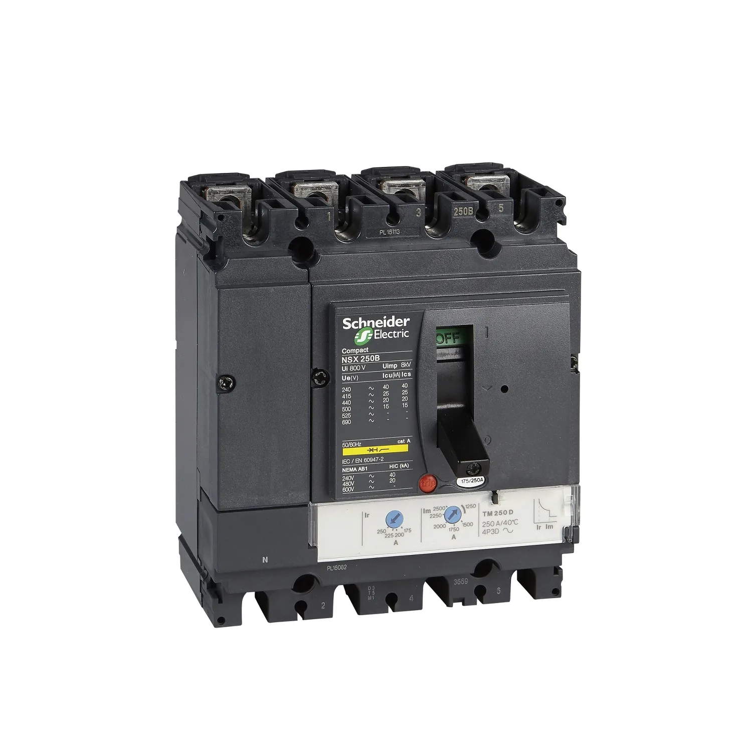 Schneider LV431841 - circuit breaker ComPact NSX250N, 50 kA at 415 VAC, TMD trip unit 200 A, 4 poles 3d