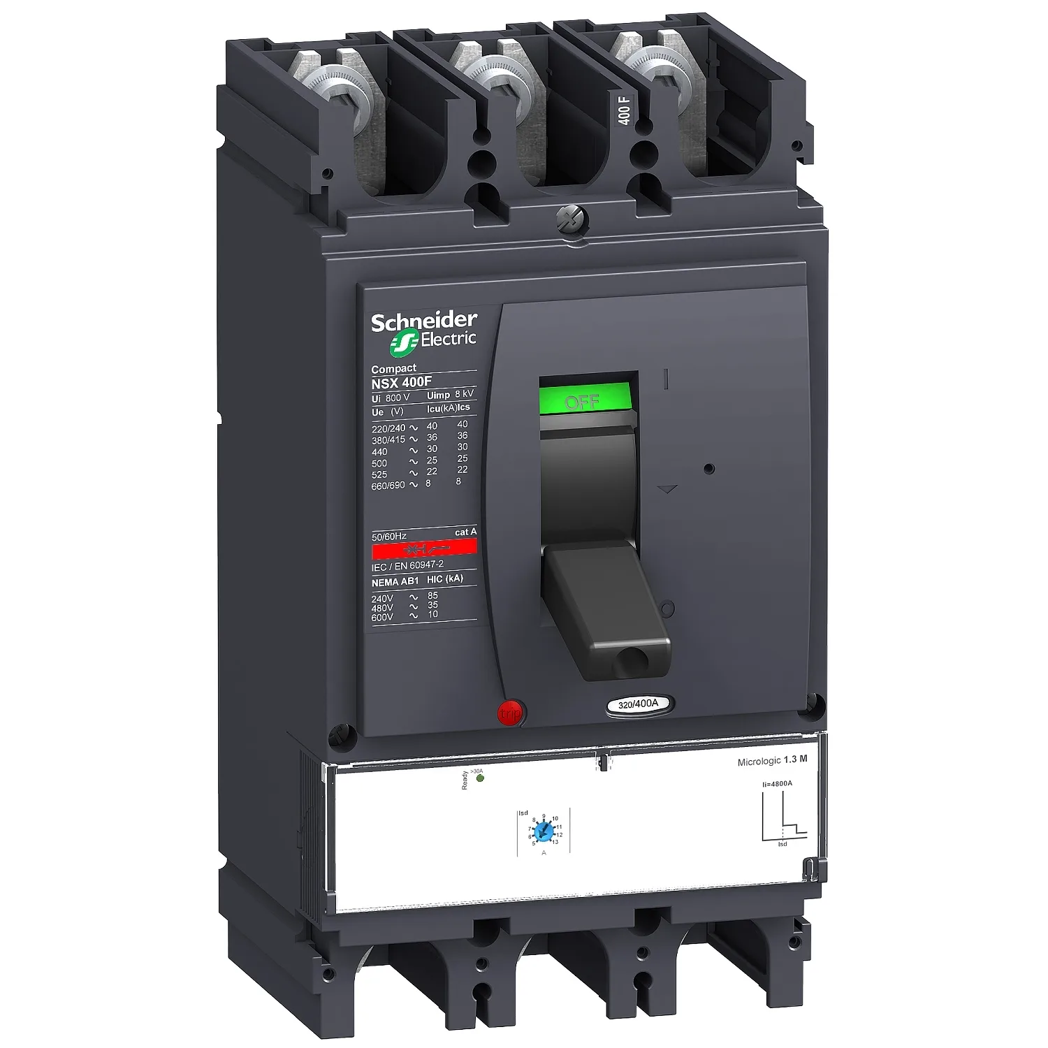 Schneider LV432749 - Circuit breaker, ComPact NSX400N, 50kA/415VAC, MicroLogic 1.3M trip unit 320A, 3 poles 3d