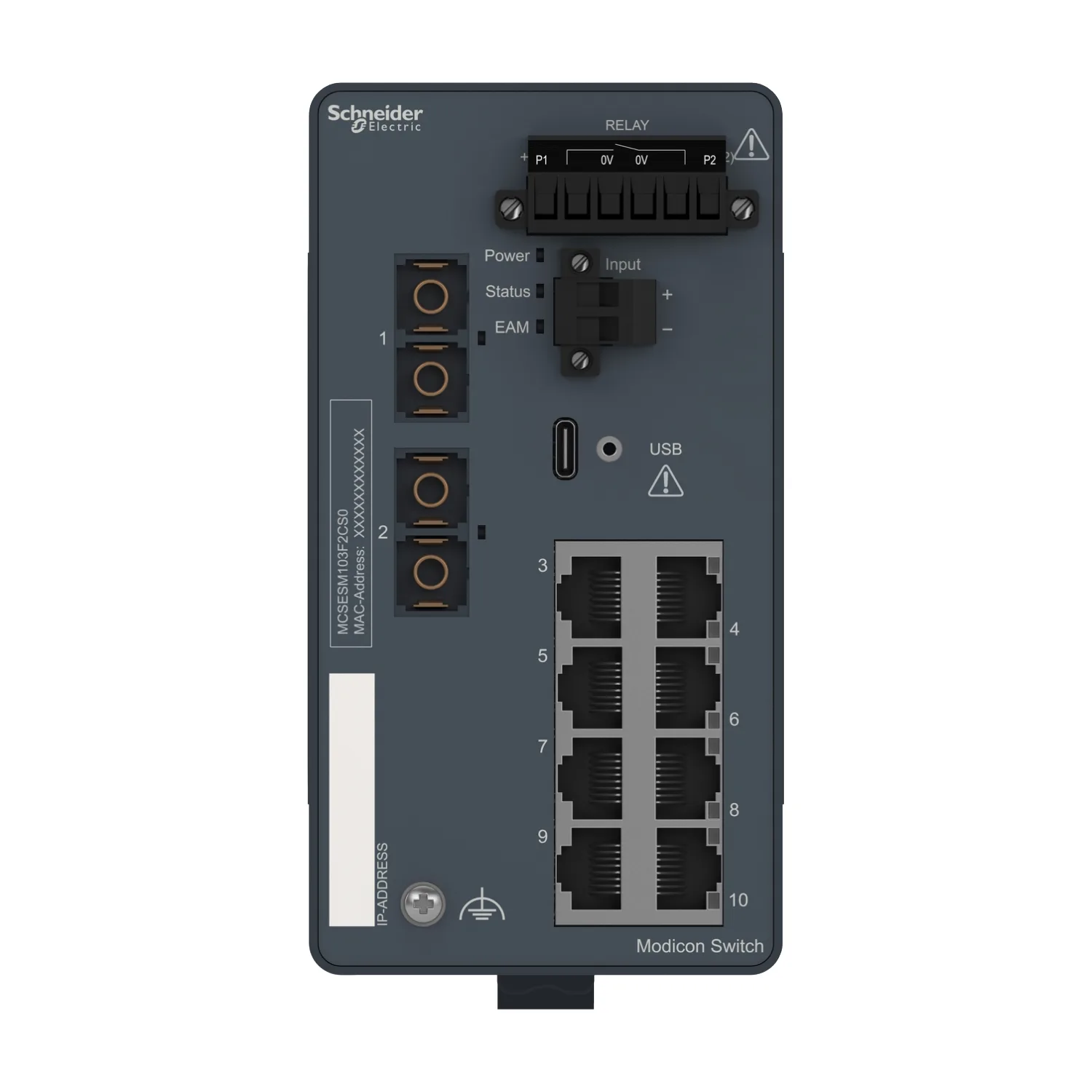 Modicon Managed Switch, 8 Ports für Kupfer (8TX 10/100 Mbit/s) + 2 für Glasfaser Singlemode (2FX-SM 100 Mbit/s) - 6