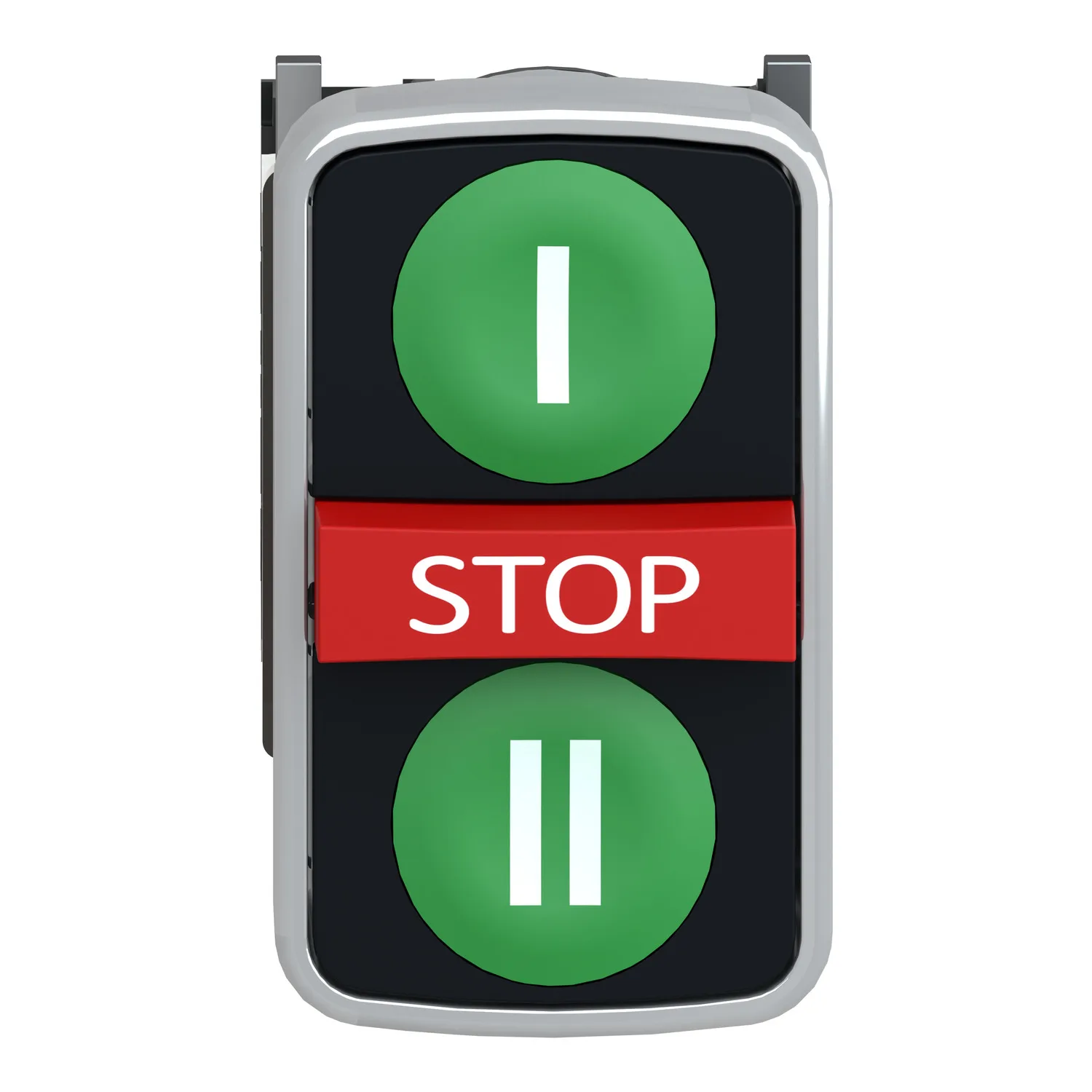 Üçlü kafa basmalı buton, metal, Ø22, markalı, 1 yeşil düz I + 1 kırmızı çıkıntılı STOP + 1 yeşil düz II, 2 NA + 1 NK - 2