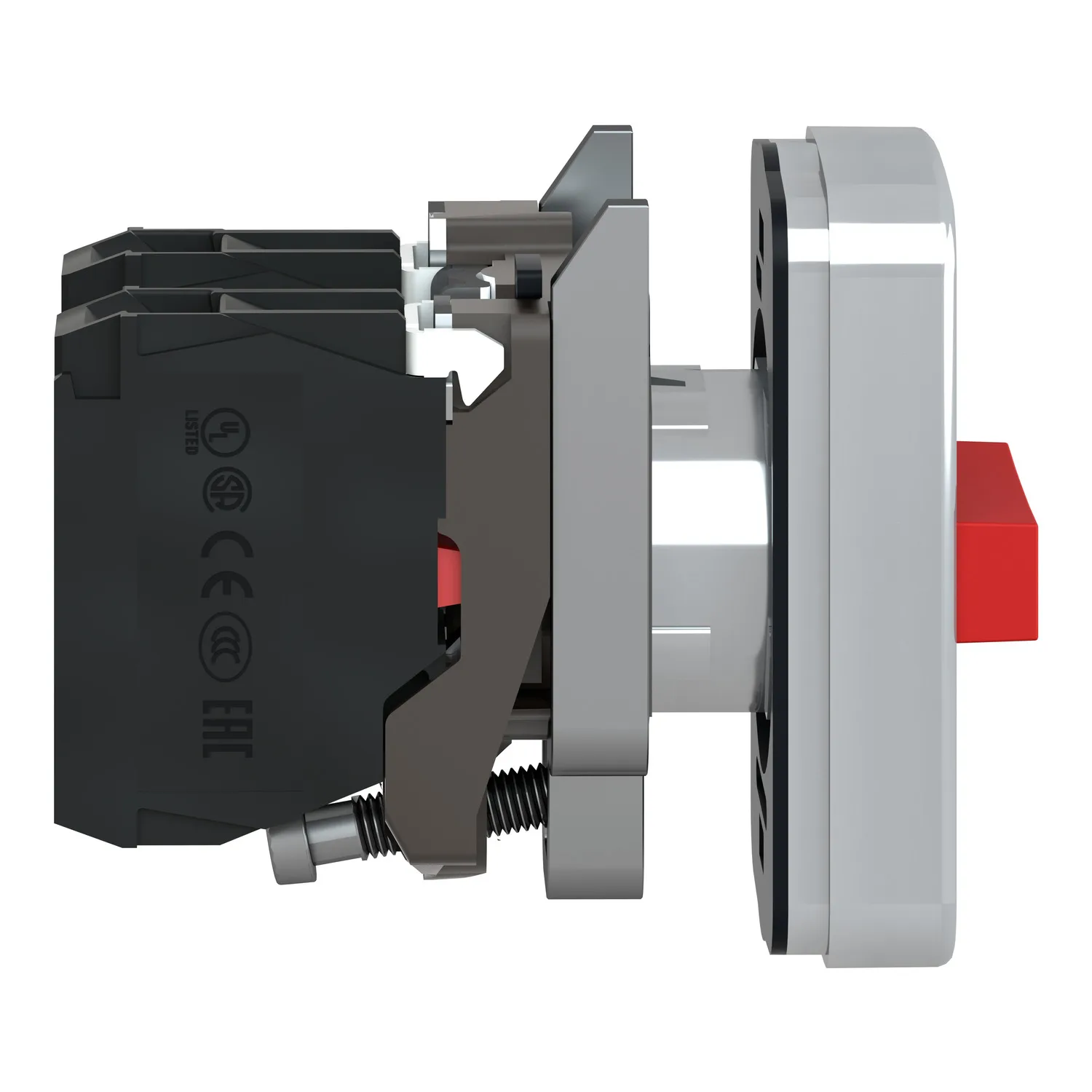 Üçlü kafa basmalı buton, metal, Ø22, markalı, 1 yeşil düz I + 1 kırmızı çıkıntılı STOP + 1 yeşil düz II, 2 NA + 1 NK - 5