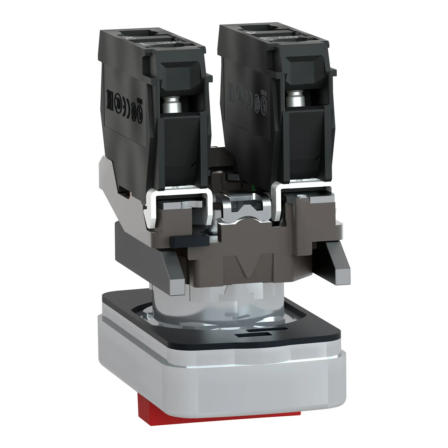 Üçlü kafa basmalı buton, metal, Ø22, markalı, 1 yeşil düz I + 1 kırmızı çıkıntılı STOP + 1 yeşil düz II, 2 NA + 1 NK - 6