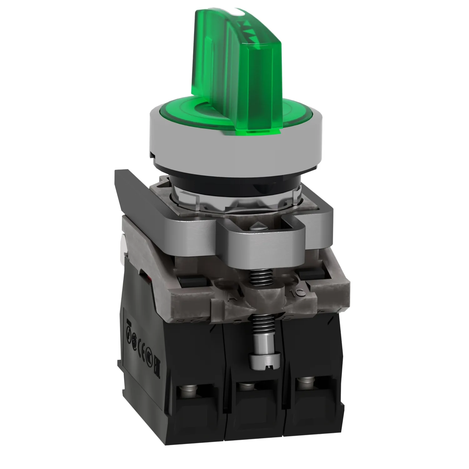 Schalter: Dreh-; 22mm; Stab.Pos: 3; NC + NO; grün; LED; 24V; IP66 - 3