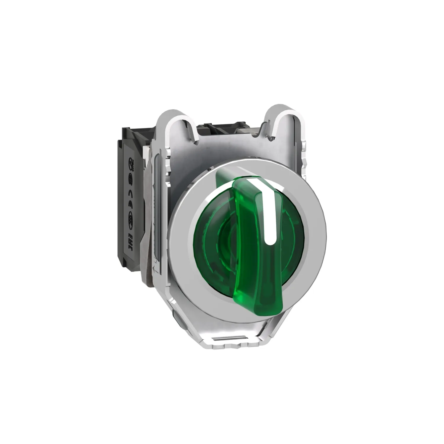 Schneider XB4FK133B5 - Harmony XB4 - bouton à man lumin - flush - 3 pos fix - vert - 1O+1F - 24V
