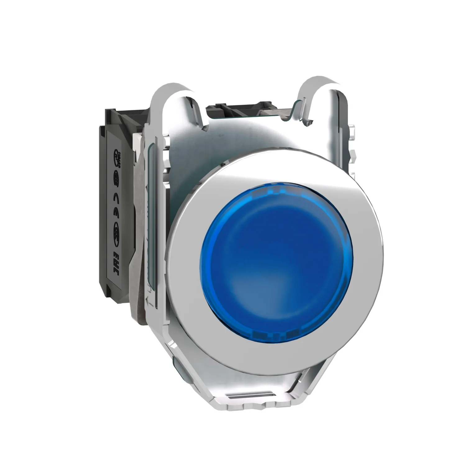 Schneider XB4FW36B5 - Leuchtdrucktaster, Harmony XB4F, Metall, 30mm, blau, unbeschriftet, universelle LED, glatte Kalotte, 1S+1Ö, 24V ACDC