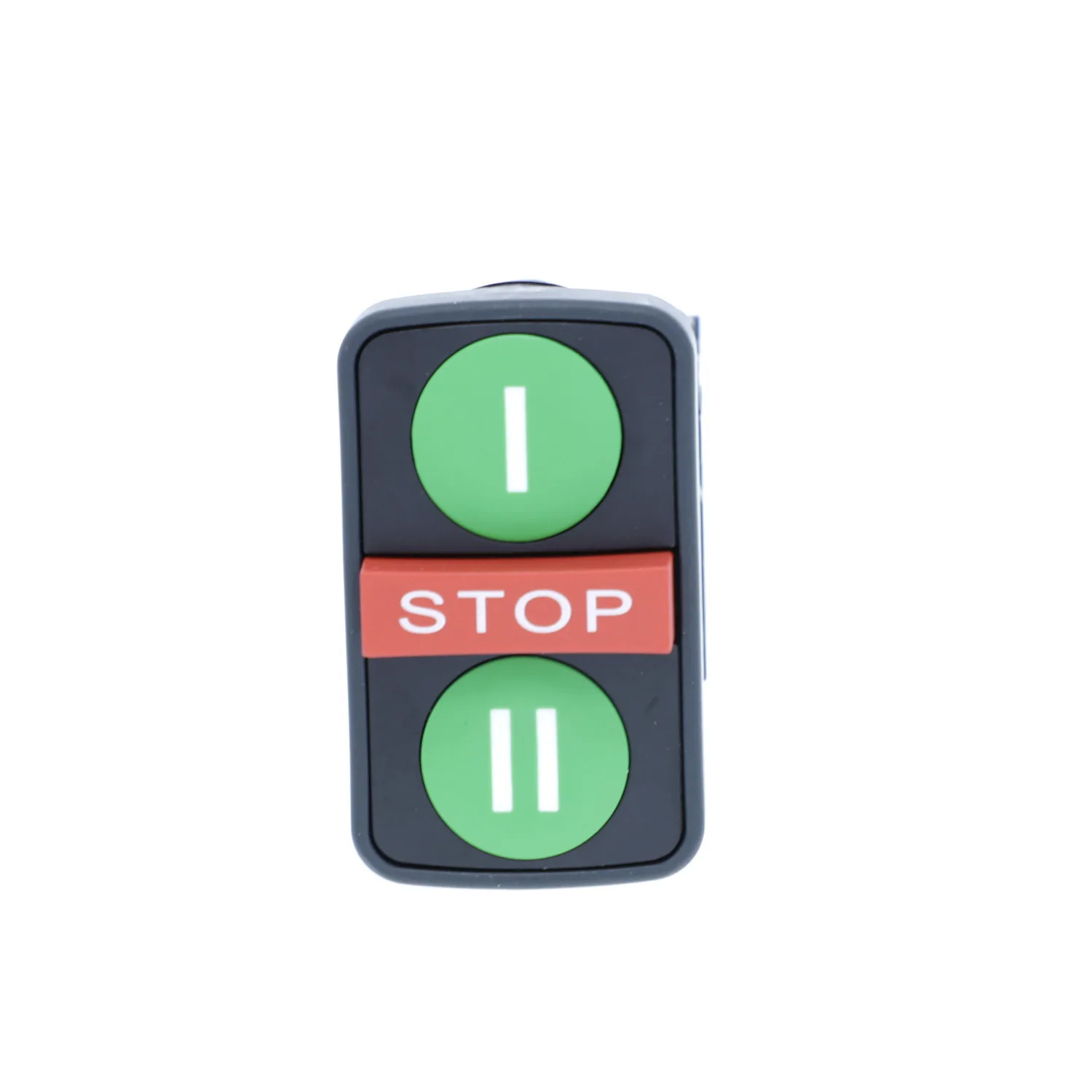 Üçlü buton, plastik, Ø22, işaretli, 1 yeşil gömme I + 1 kırmızı çıkıntılı STOP + 1 yeşil gömme II, 2 NA + 1 NK - 2