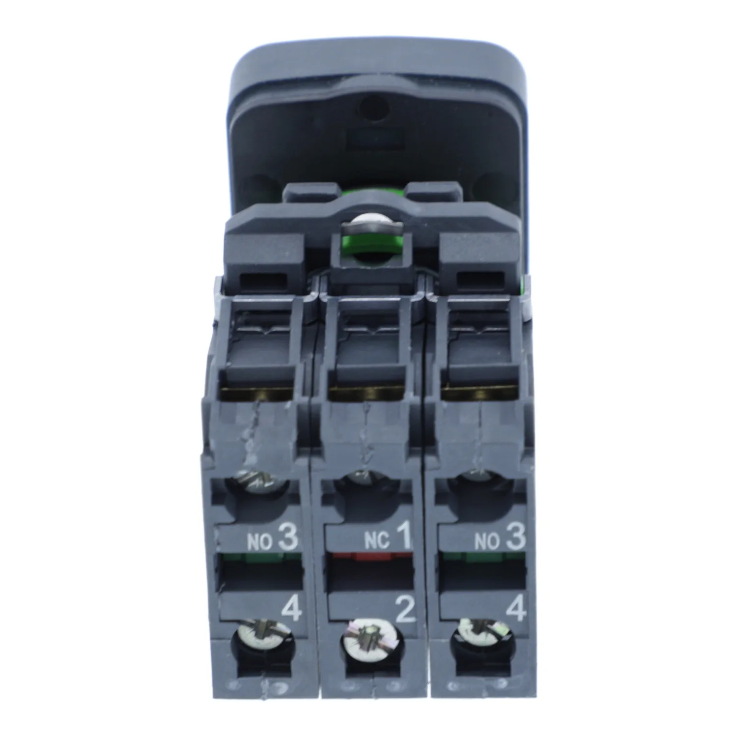Schneider XB5AA731327 - Üçlü buton, plastik, Ø22, işaretli, 1 yeşil gömme I + 1 kırmızı çıkıntılı STOP + 1 yeşil gömme II, 2 NA + 1 NK