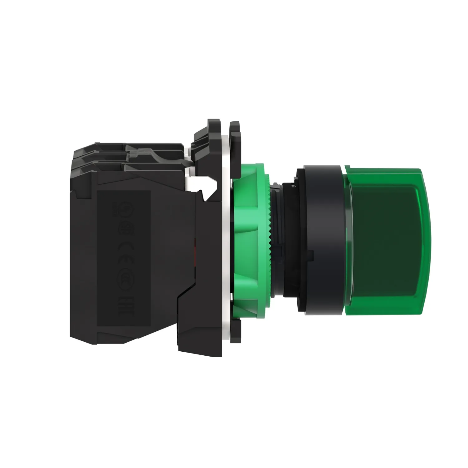 Illuminated selector switch, Harmony XB5, grey plastic, green handle, 22mm, 3 positions, universal LED, 1NO + 1NC, 24V AC DC - 2