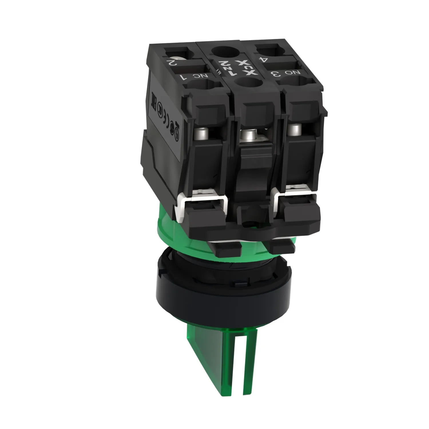 Illuminated selector switch, Harmony XB5, grey plastic, green handle, 22mm, 3 positions, universal LED, 1NO + 1NC, 24V AC DC - 3