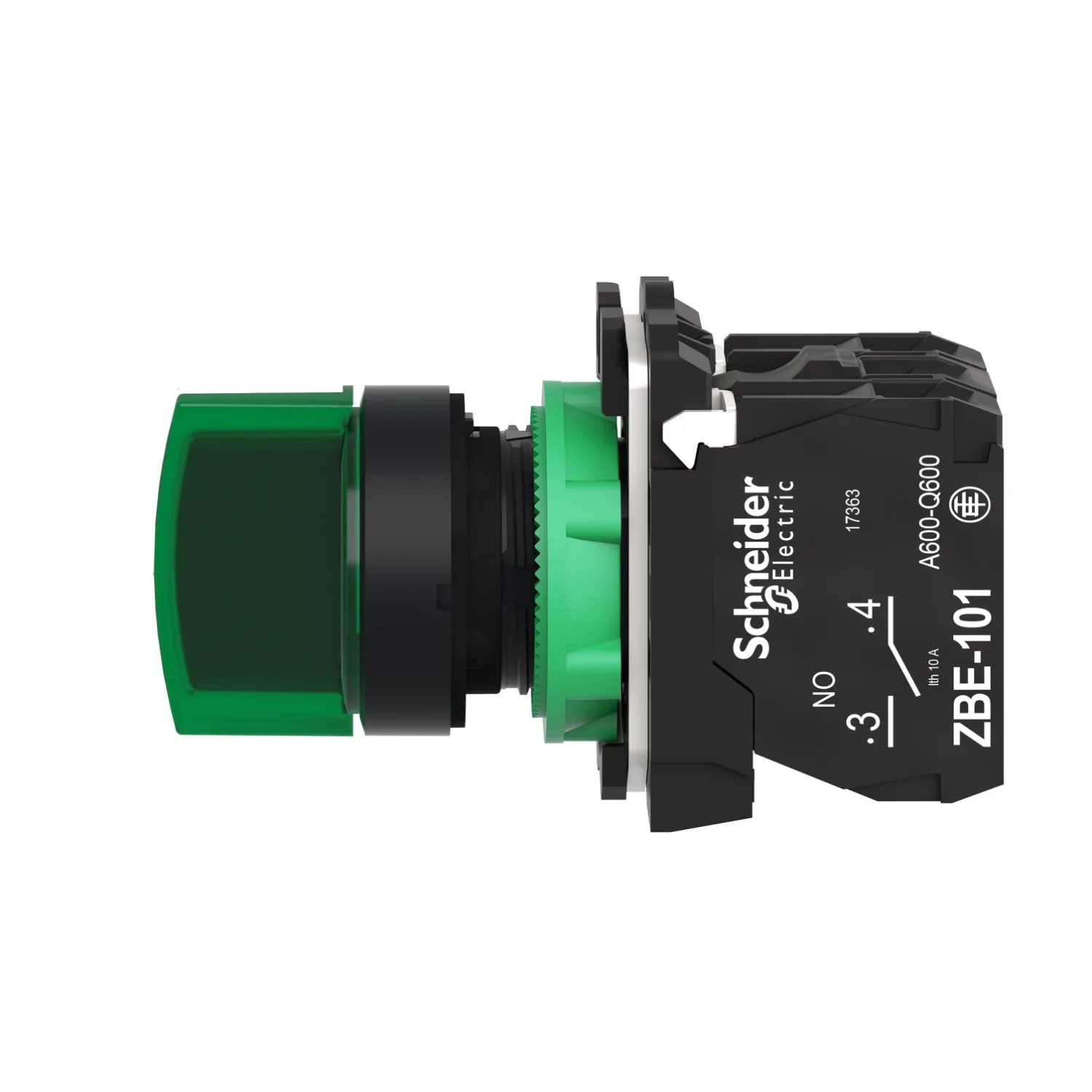Illuminated selector switch, Harmony XB5, grey plastic, green handle, 22mm, 3 positions, universal LED, 1NO + 1NC, 24V AC DC - 4