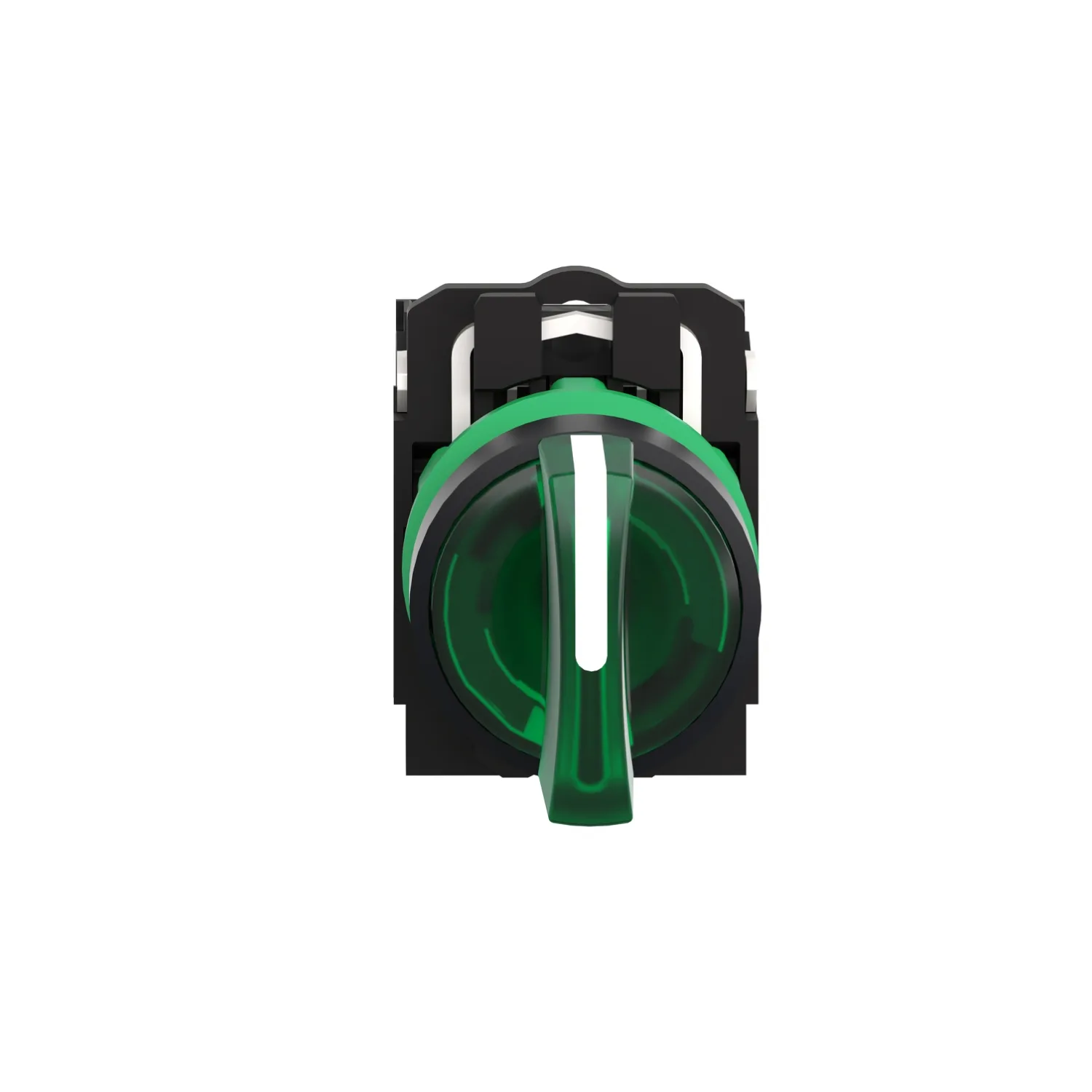 Illuminated selector switch, Harmony XB5, grey plastic, green handle, 22mm, 3 positions, universal LED, 1NO + 1NC, 24V AC DC - 5