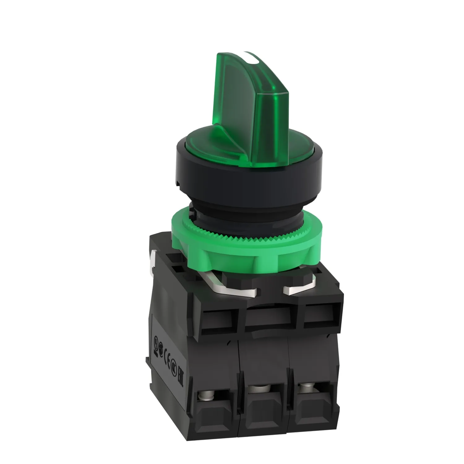 Illuminated selector switch, Harmony XB5, grey plastic, green handle, 22mm, 3 positions, universal LED, 1NO + 1NC, 24V AC DC - 6