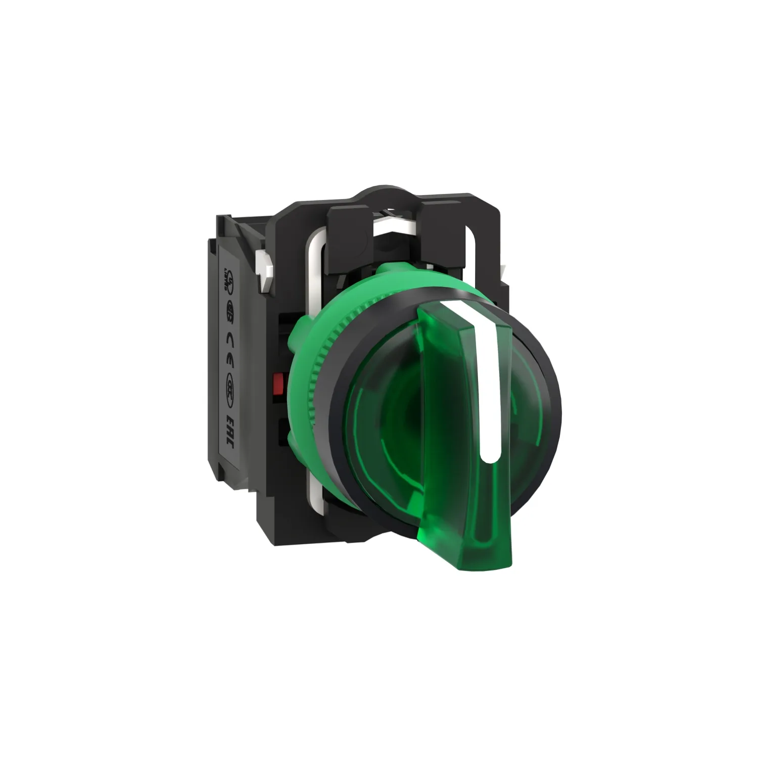 Schneider XB5AK133B5 - Illuminated selector switch, Harmony XB5, grey plastic, green handle, 22mm, 3 positions, universal LED, 1NO + 1NC, 24V AC DC