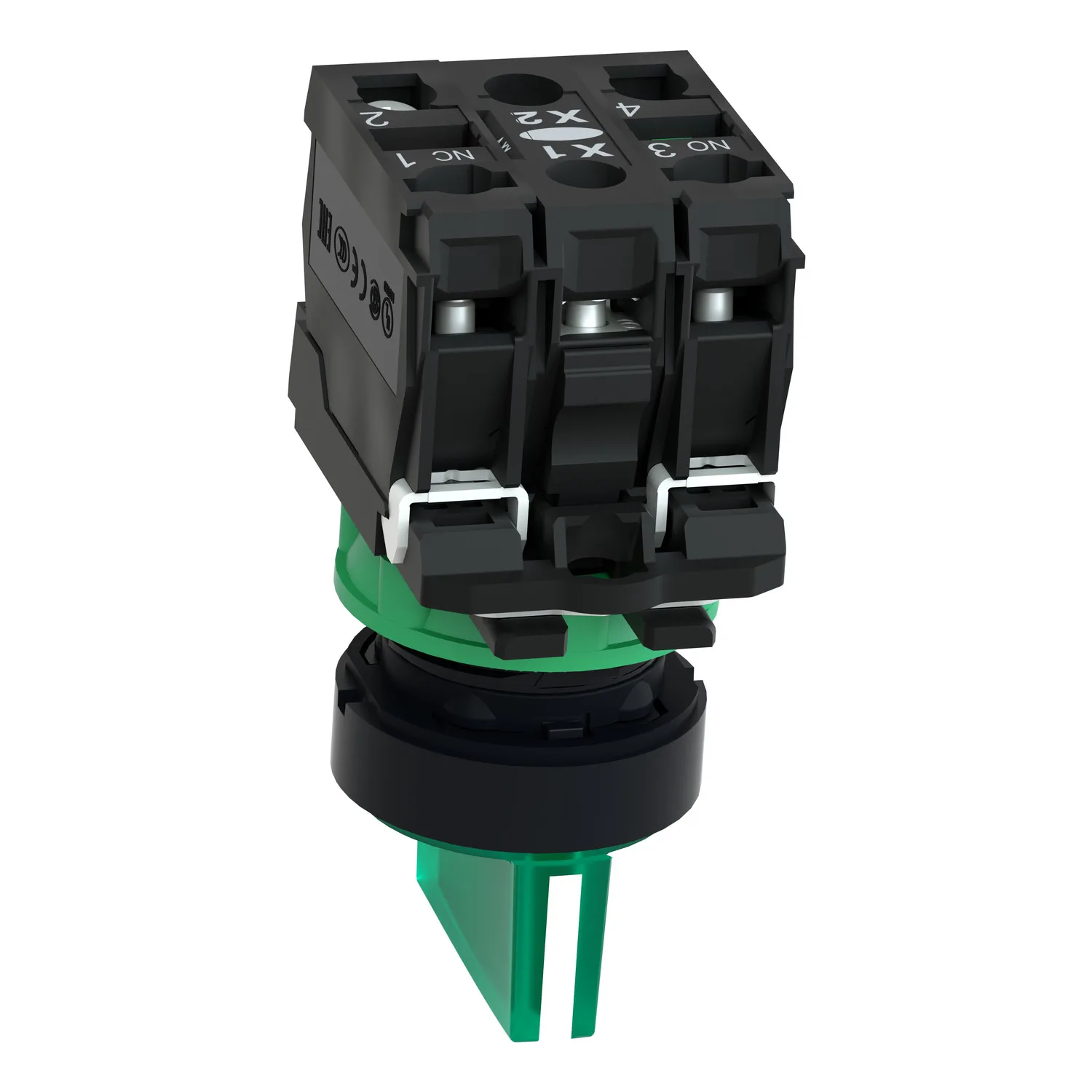 Işıklı seçici anahtar, Harmony XB5, gri plastik, yeşil kol, 22mm, üniversal LED, 3 konumlu, 1NO + 1NC, 230...240V AC - 6