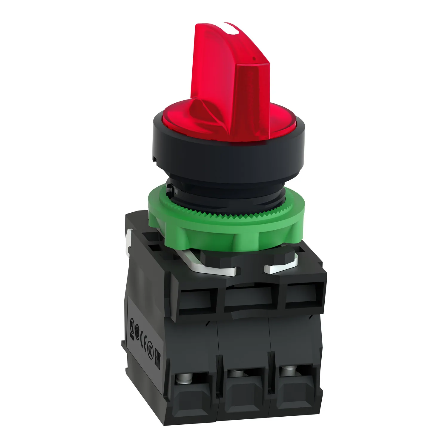 Illuminated selector switch, Harmony XB5, grey plastic, red handle, 22mm, universal LED, 3 positions, 1NO + 1NC, 230...240V AC - 3