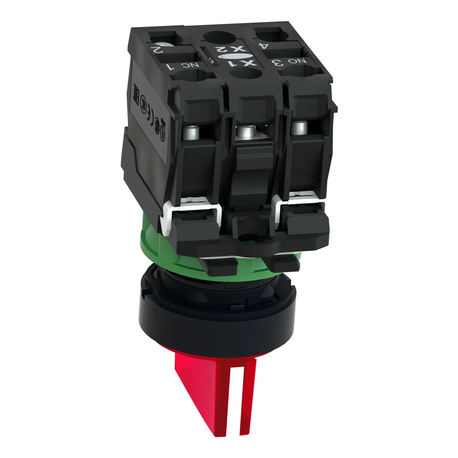 Illuminated selector switch, Harmony XB5, grey plastic, red handle, 22mm, universal LED, 3 positions, 1NO + 1NC, 230...240V AC - 4