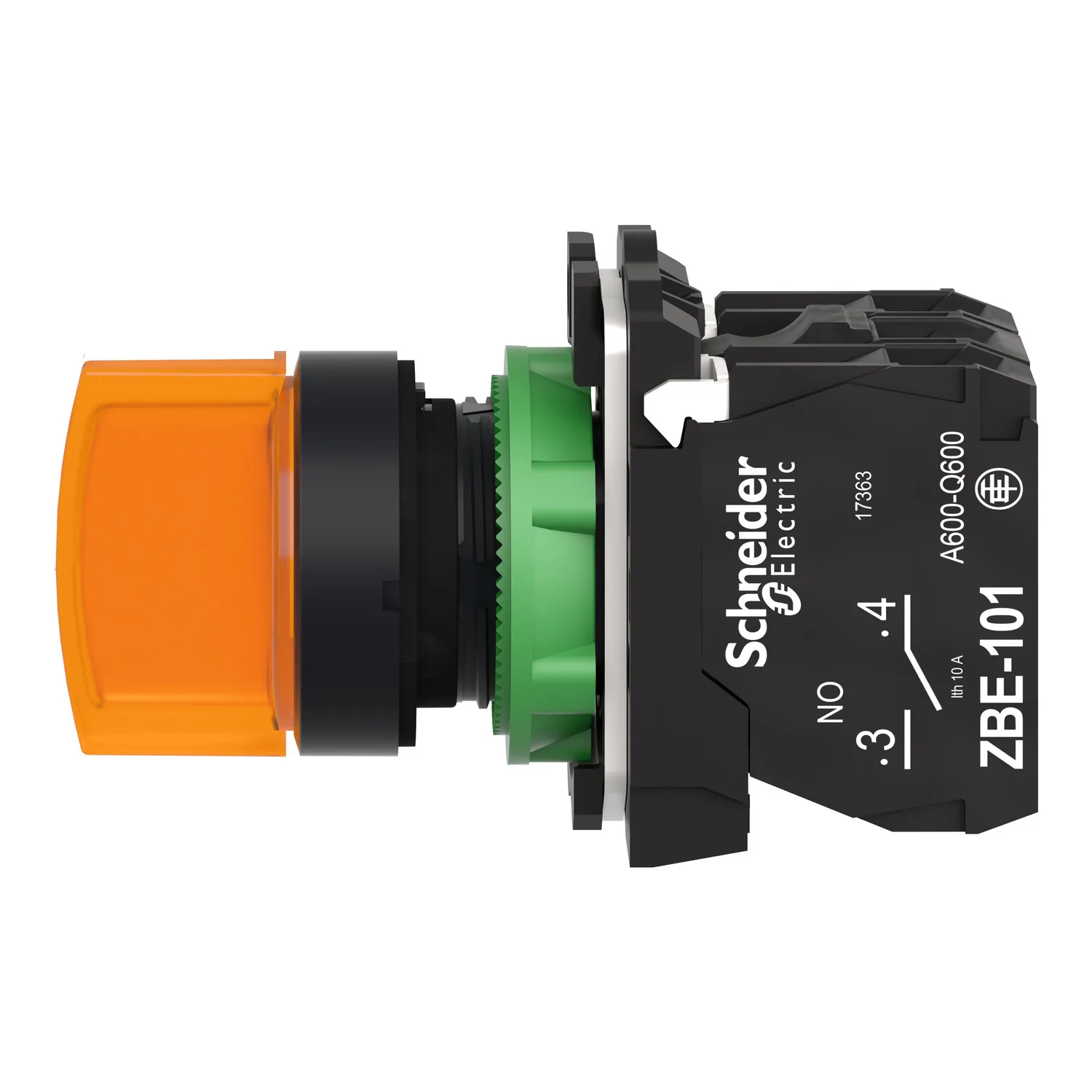 Leucht-Wahlschalter, Harmony XB5, grauer Kunststoff, oranger Griff, 22mm, Universal-LED, 3 Positionen, 1NO + 1NC, 24V AC DC - 3