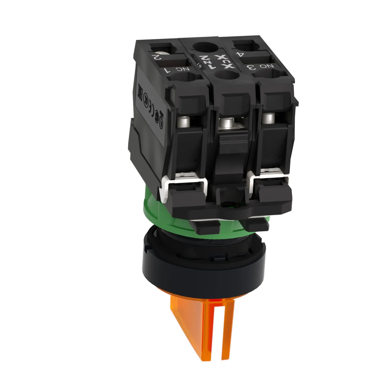 Leucht-Wahlschalter, Harmony XB5, grauer Kunststoff, oranger Griff, 22mm, Universal-LED, 3 Positionen, 1NO + 1NC, 24V AC DC - 4