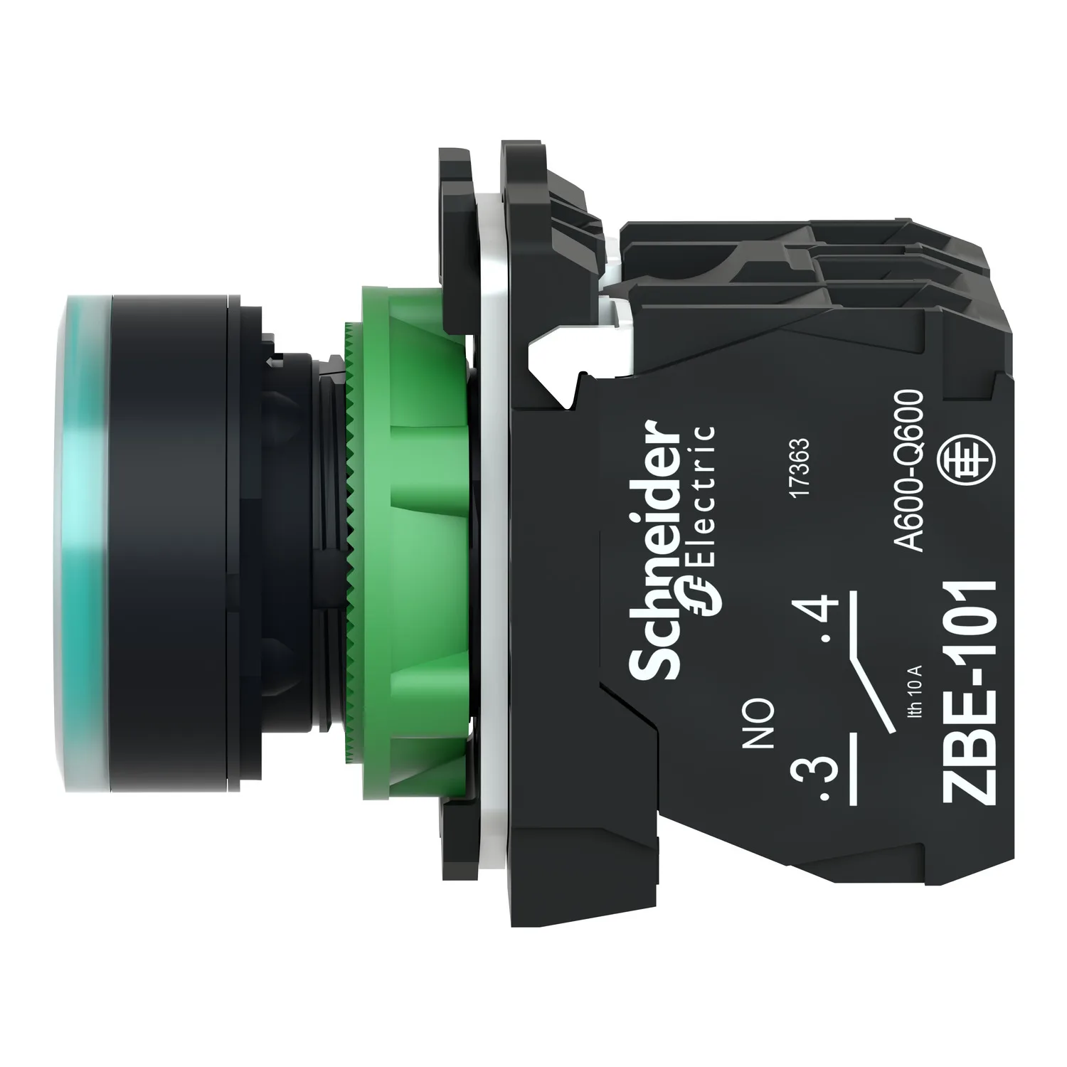 Harmony XB5, Işıklı basma buton, plastik, düz, yeşil, Ø22, BA9s ampul için düz lens, yaylı geri dönüş, <= 250 V, 1 NA + 1 NK - 2