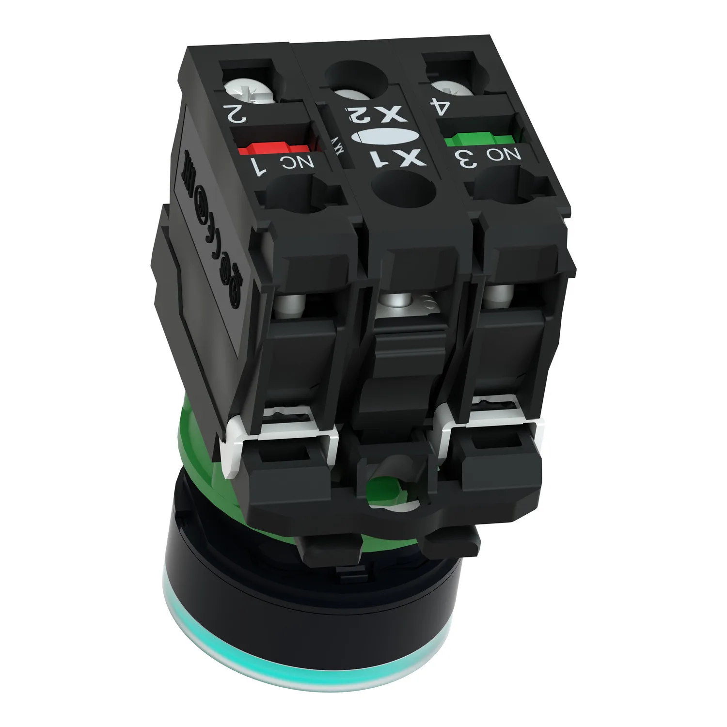 Harmony XB5, Işıklı basma buton, plastik, düz, yeşil, Ø22, BA9s ampul için düz lens, yaylı geri dönüş, <= 250 V, 1 NA + 1 NK - 3