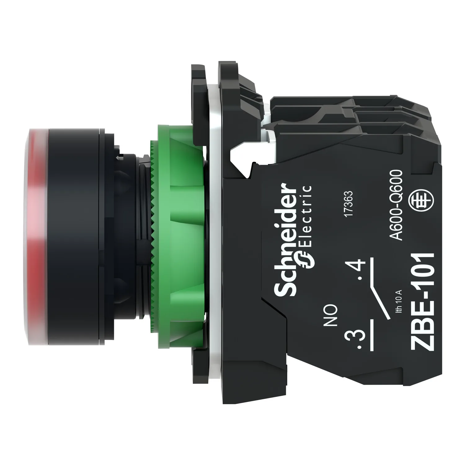 Harmony XB5, Işıklı basma buton, plastik, düz, kırmızı, Ø22, BA9s ampul için düz lens, yaylı geri dönüş, <= 250 V, 1 NA + 1 NK - 6