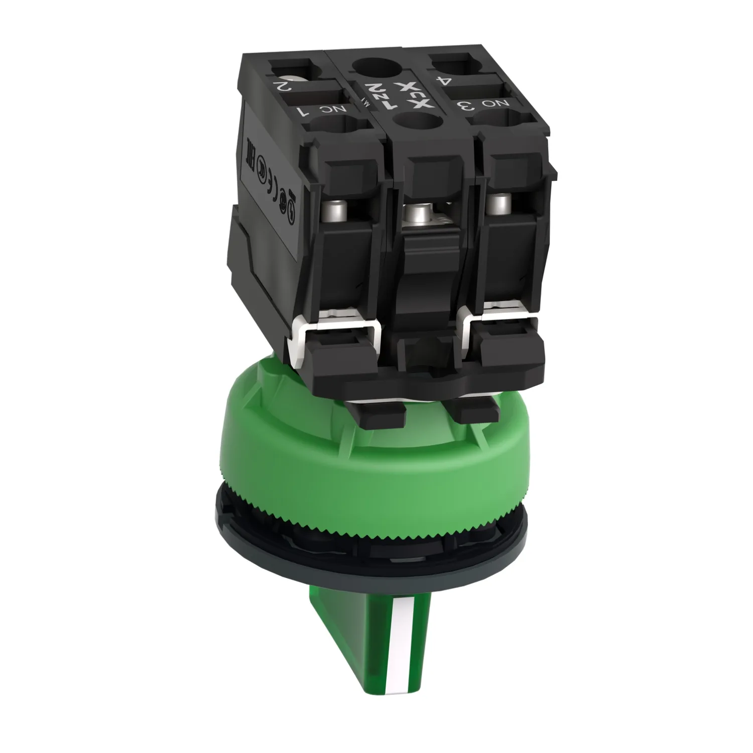 Schneider XB5FK133M5 - Leuchtwahlschalter, Harmony XB5F, Kunststoff, grün, 30mm, universelle LED, 3 Stellungen, 1S + 1Ö, 230-240V AC