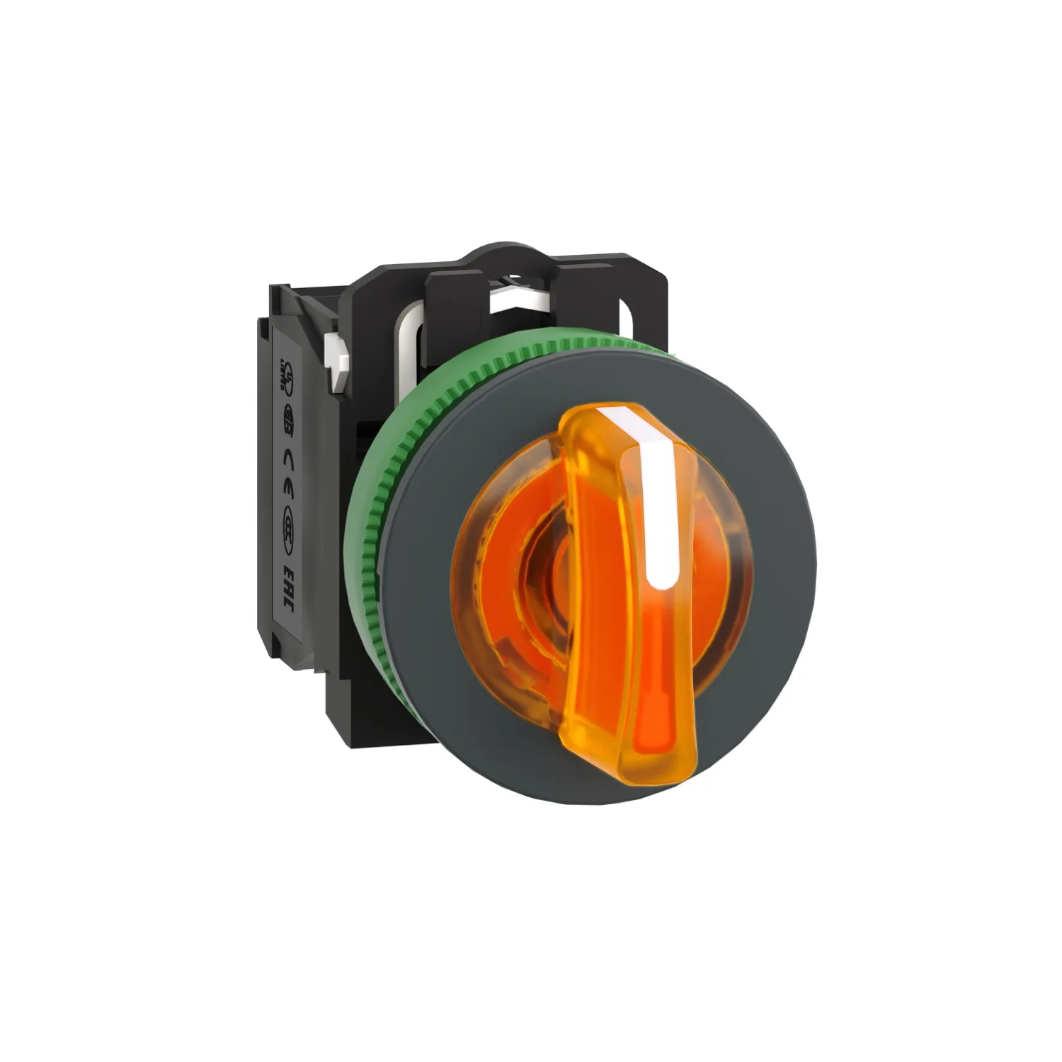 Schneider XB5FK135B5 - Leuchtwahlschalter, Harmony XB5F, Kunststoff, orange, 30mm, universelle LED, 3 Stellungen, 1S + 1Ö, 24V ACDC