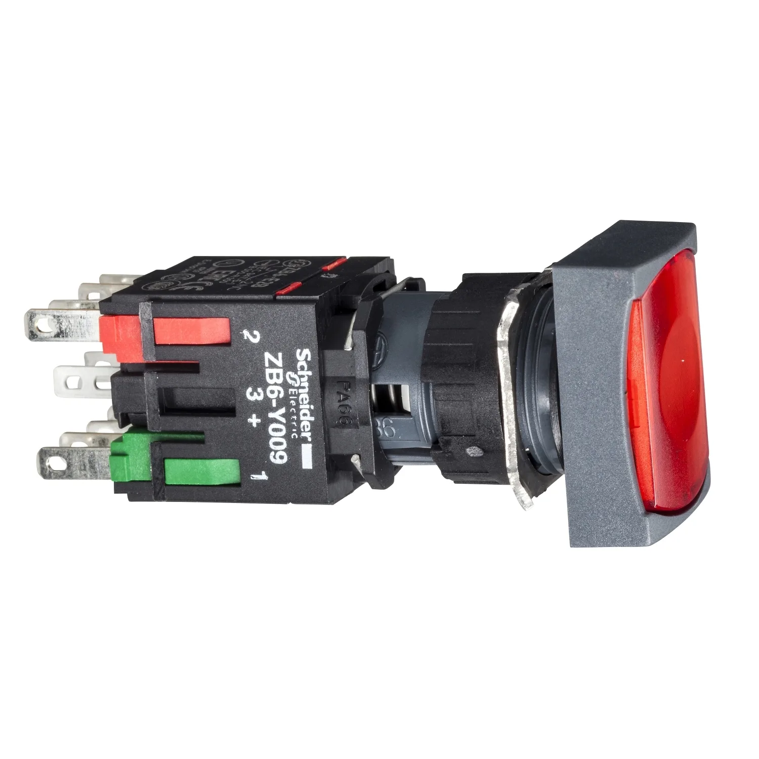Schneider XB6DF4B2B - kırmızı dikdörtgen düz komple aydınlatmalı basma buton Ø16 kalıcı 1NC 12...24V